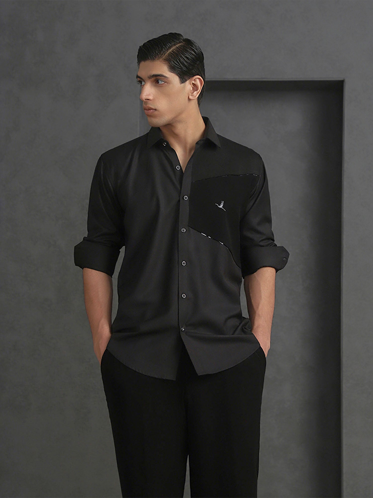 Black Slim Fit Terry Rayon Designer Shirt with Sleek Small Collar