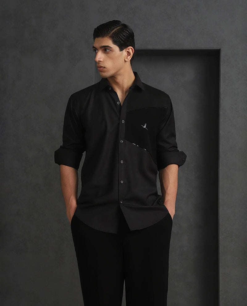 Black Slim Fit Terry Rayon Designer Shirt with Sleek Small Collar