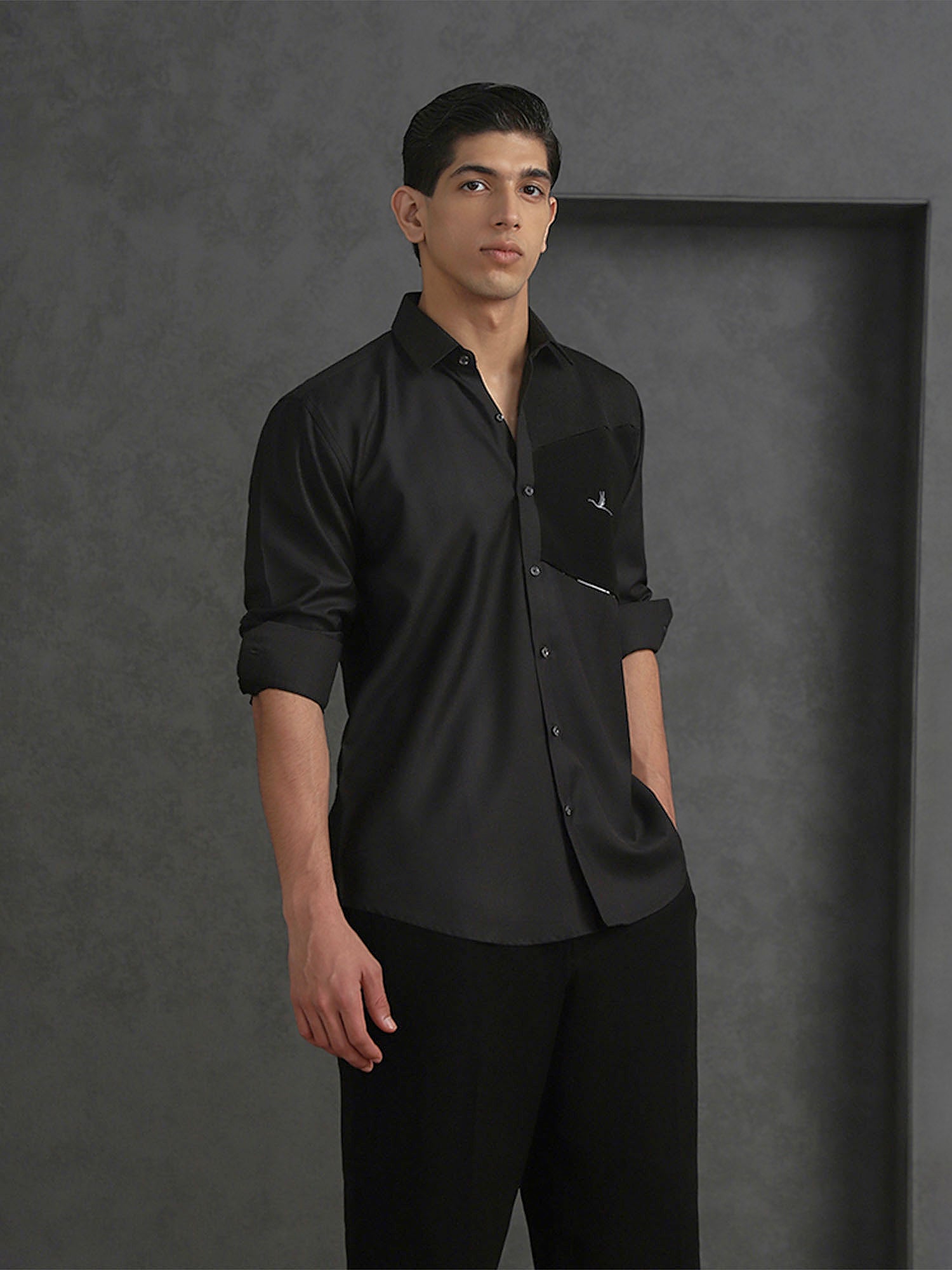Black Slim Fit Terry Rayon Designer Shirt with Sleek Small Collar