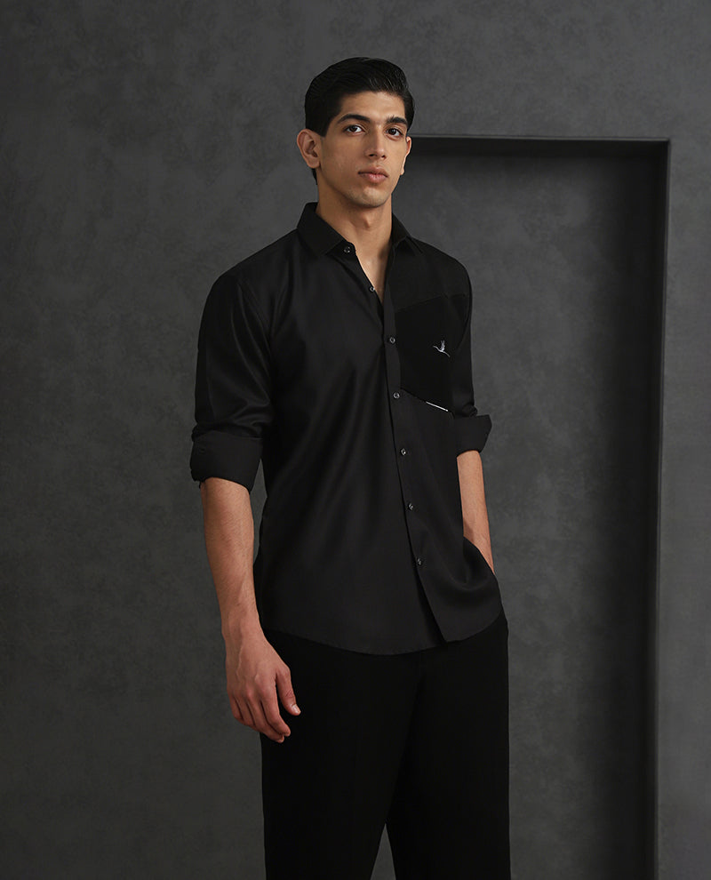 Black Slim Fit Terry Rayon Designer Shirt with Sleek Small Collar