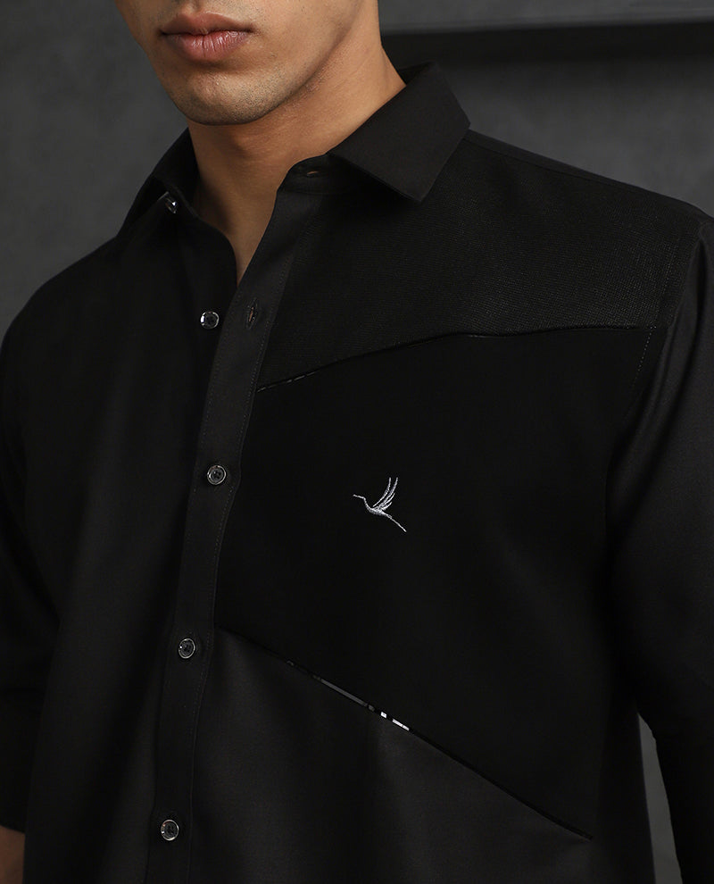 Black Slim Fit Terry Rayon Designer Shirt with Sleek Small Collar
