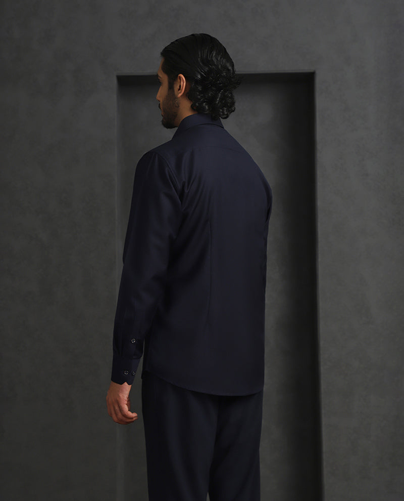 Navy Blue Slim Fit Terry Rayon Designer Shirt with Small Collar
