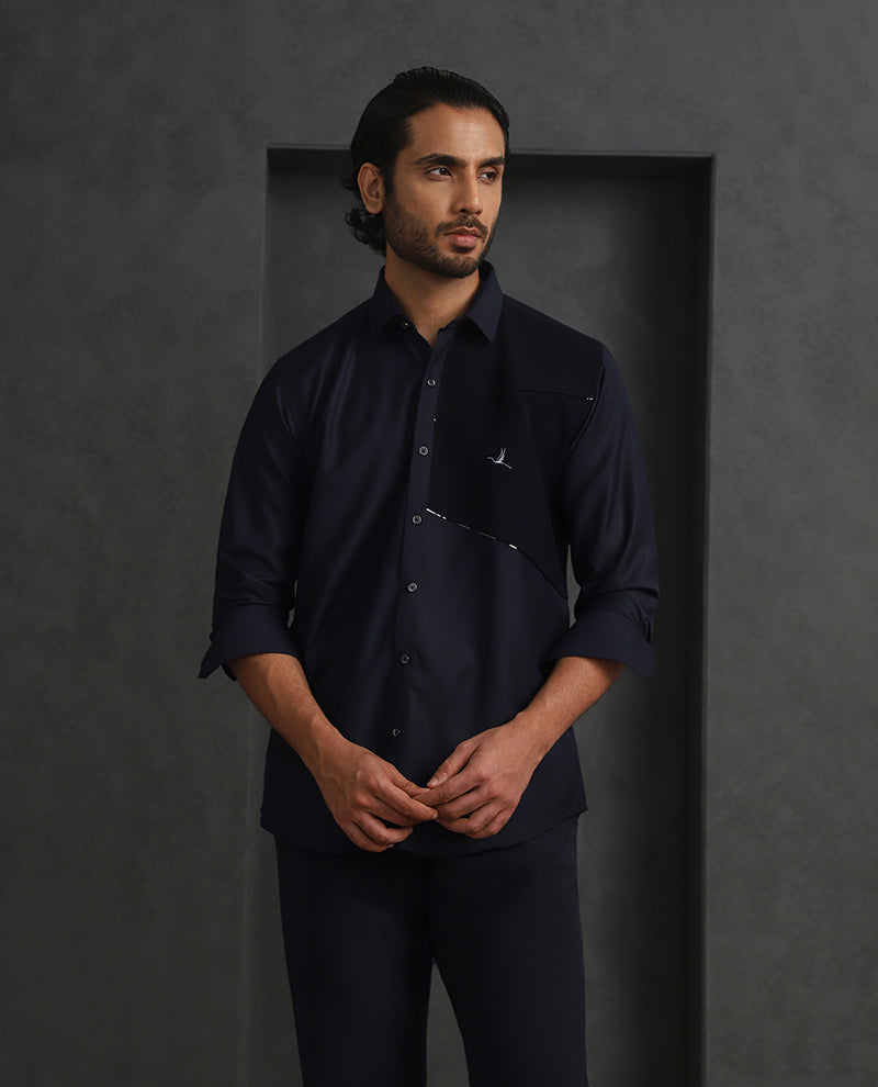Navy Blue Slim Fit Terry Rayon Designer Shirt with Small Collar