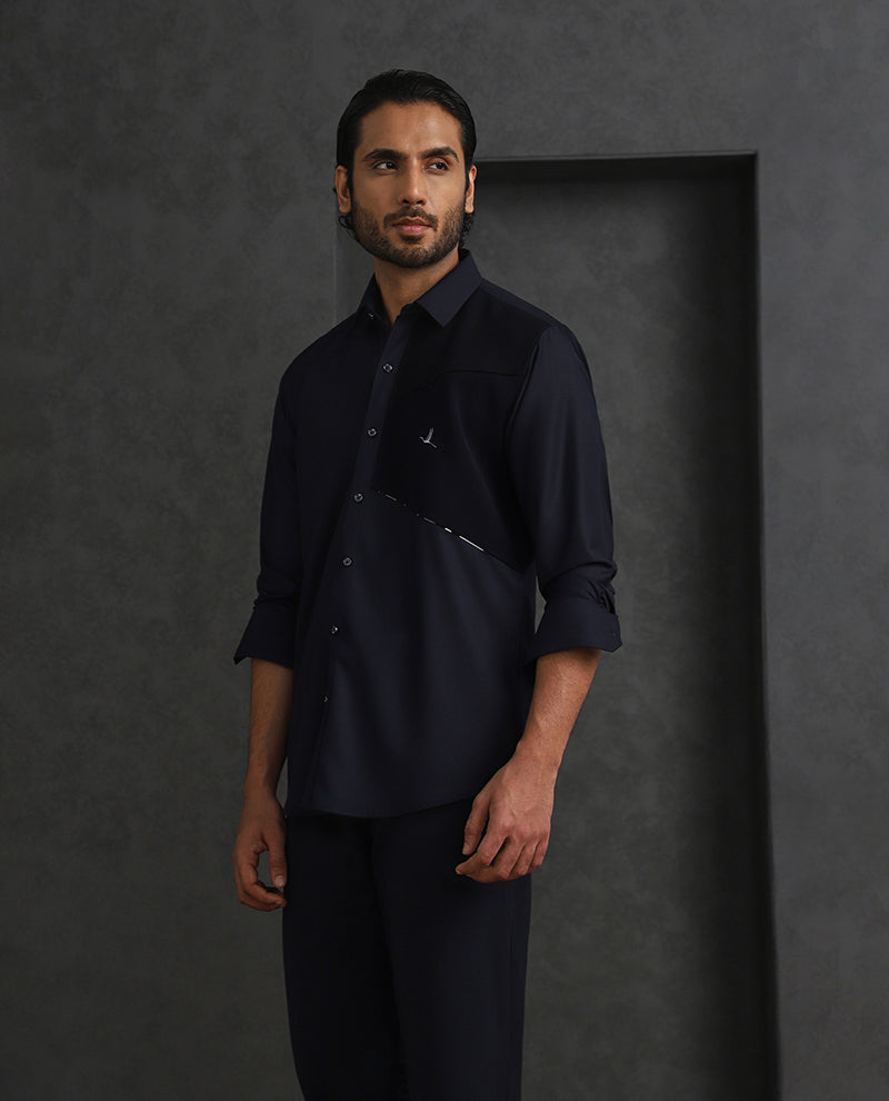 Navy Blue Slim Fit Terry Rayon Designer Shirt with Small Collar
