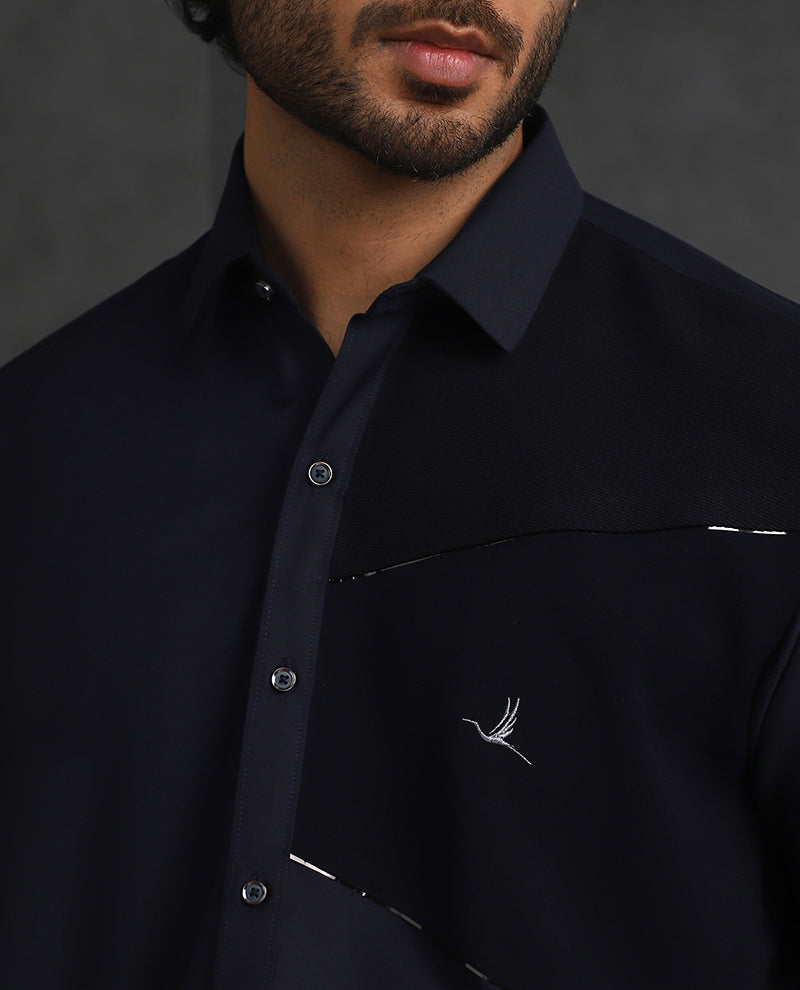 Navy Blue Slim Fit Terry Rayon Designer Shirt with Small Collar