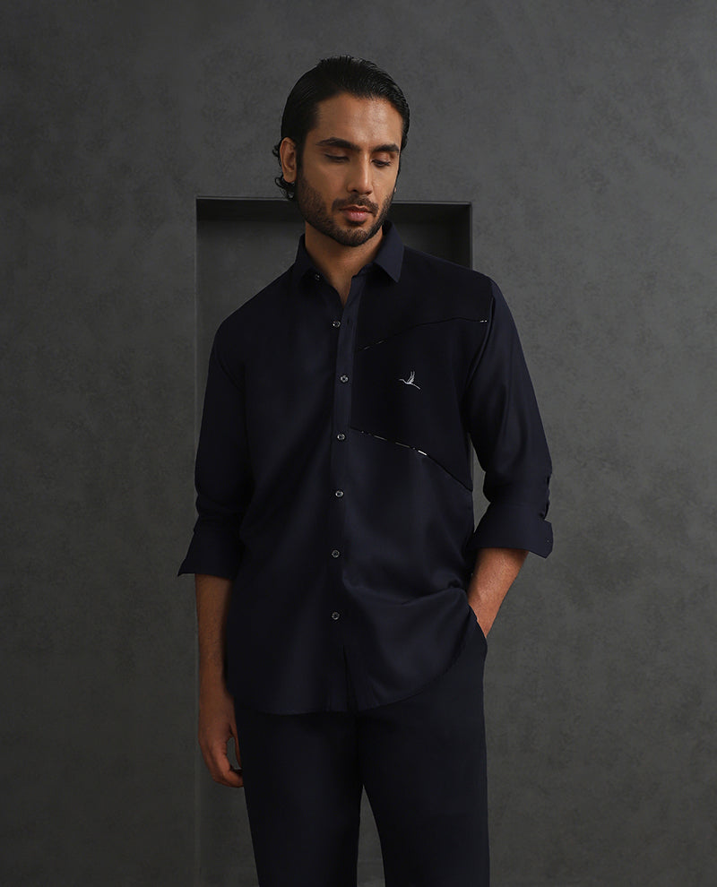Navy Blue Slim Fit Terry Rayon Designer Shirt with Small Collar