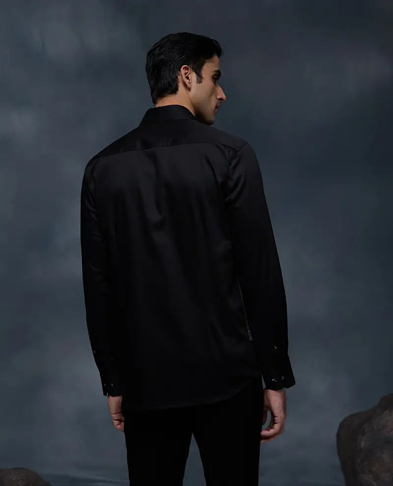 Black and Grey with Hand Embroidery Premium Cotton Slim Fit Shirt