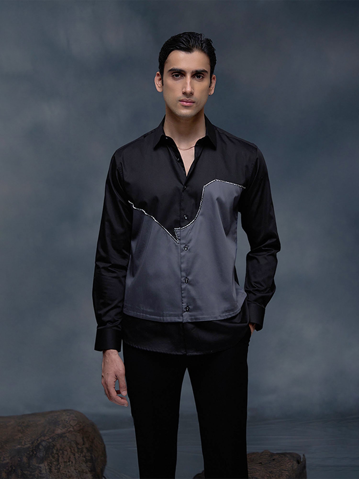Black and Grey with Hand Embroidery Premium Cotton Slim Fit Shirt