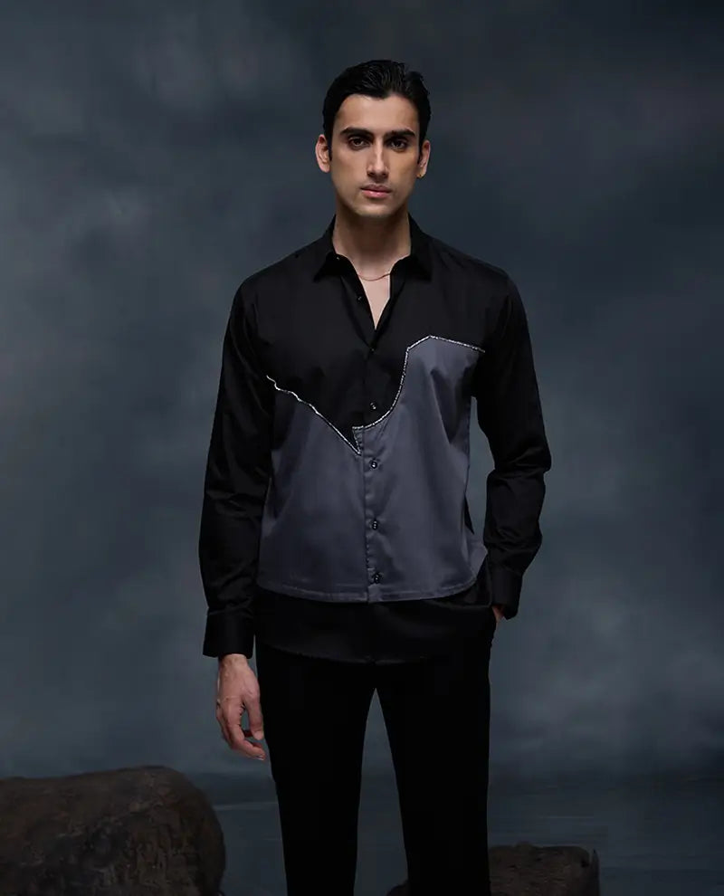 Black and Grey with Hand Embroidery Premium Cotton Slim Fit Shirt