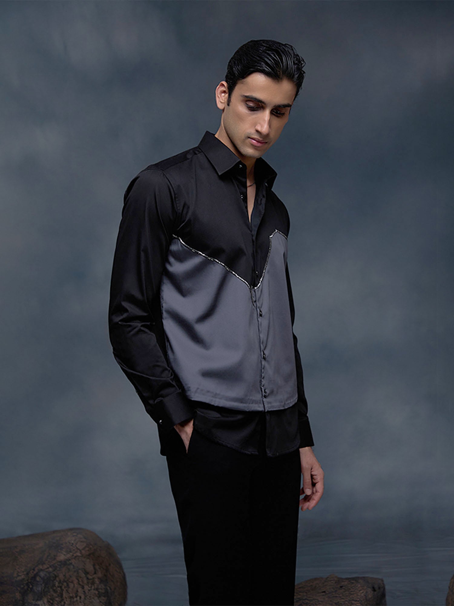 Black and Grey with Hand Embroidery Premium Cotton Slim Fit Shirt