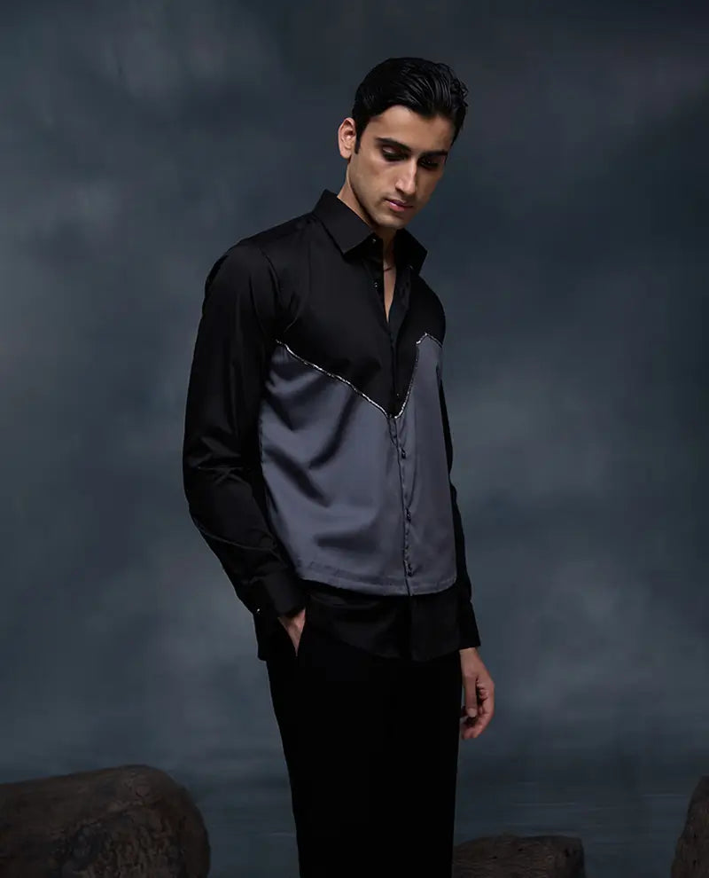 Black and Grey with Hand Embroidery Premium Cotton Slim Fit Shirt