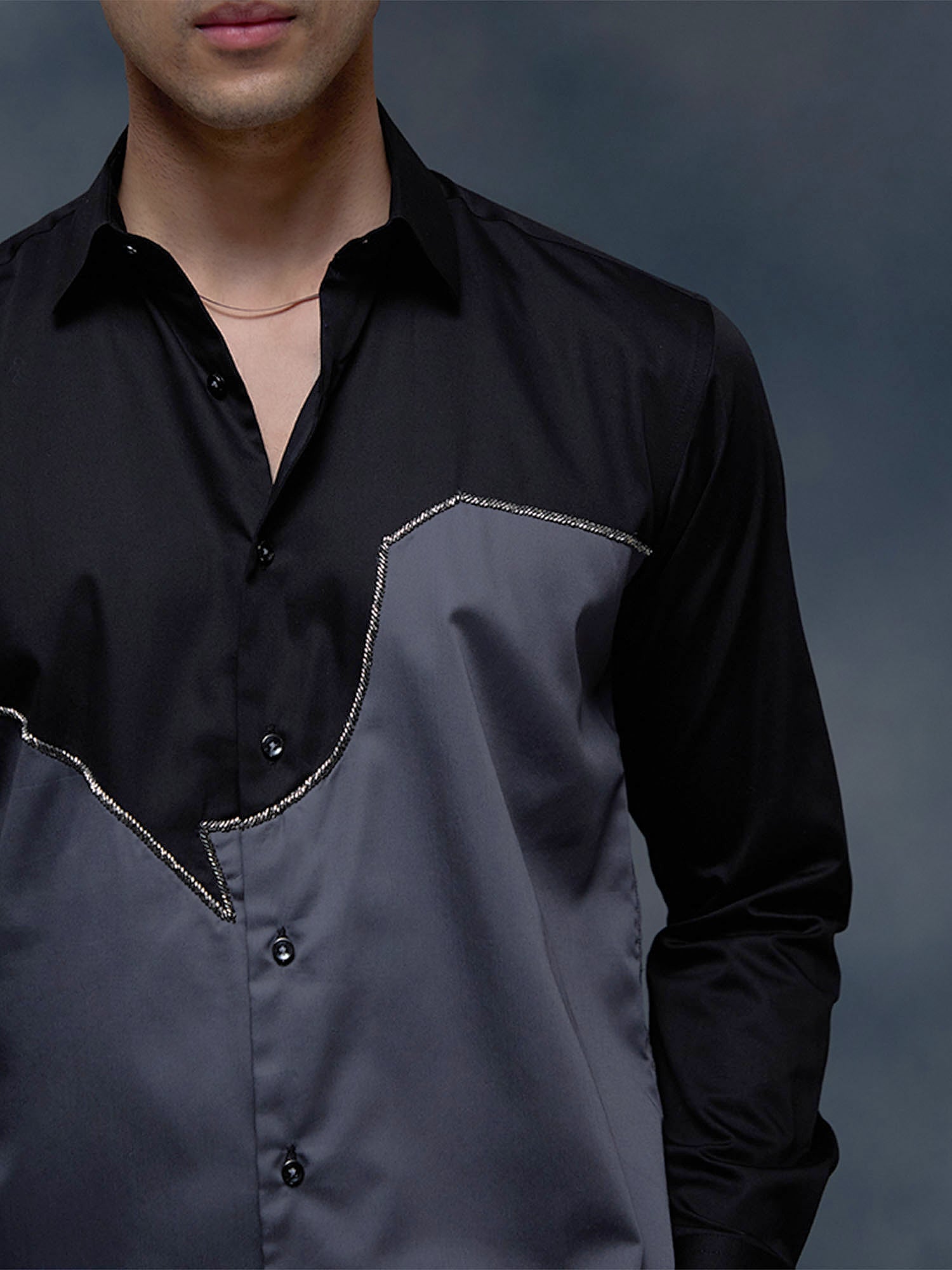 Black and Grey with Hand Embroidery Premium Cotton Slim Fit Shirt