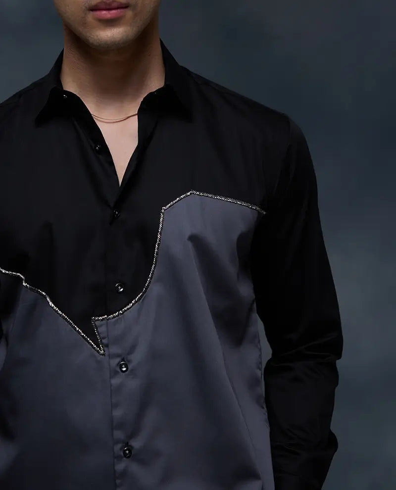 Black and Grey with Hand Embroidery Premium Cotton Slim Fit Shirt