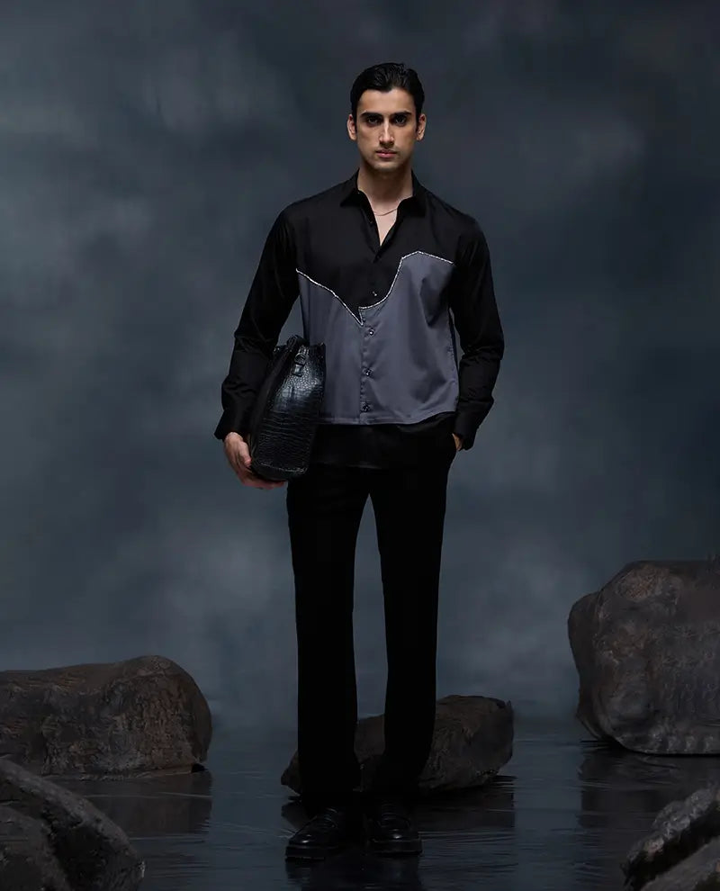 Black and Grey with Hand Embroidery Premium Cotton Slim Fit Shirt
