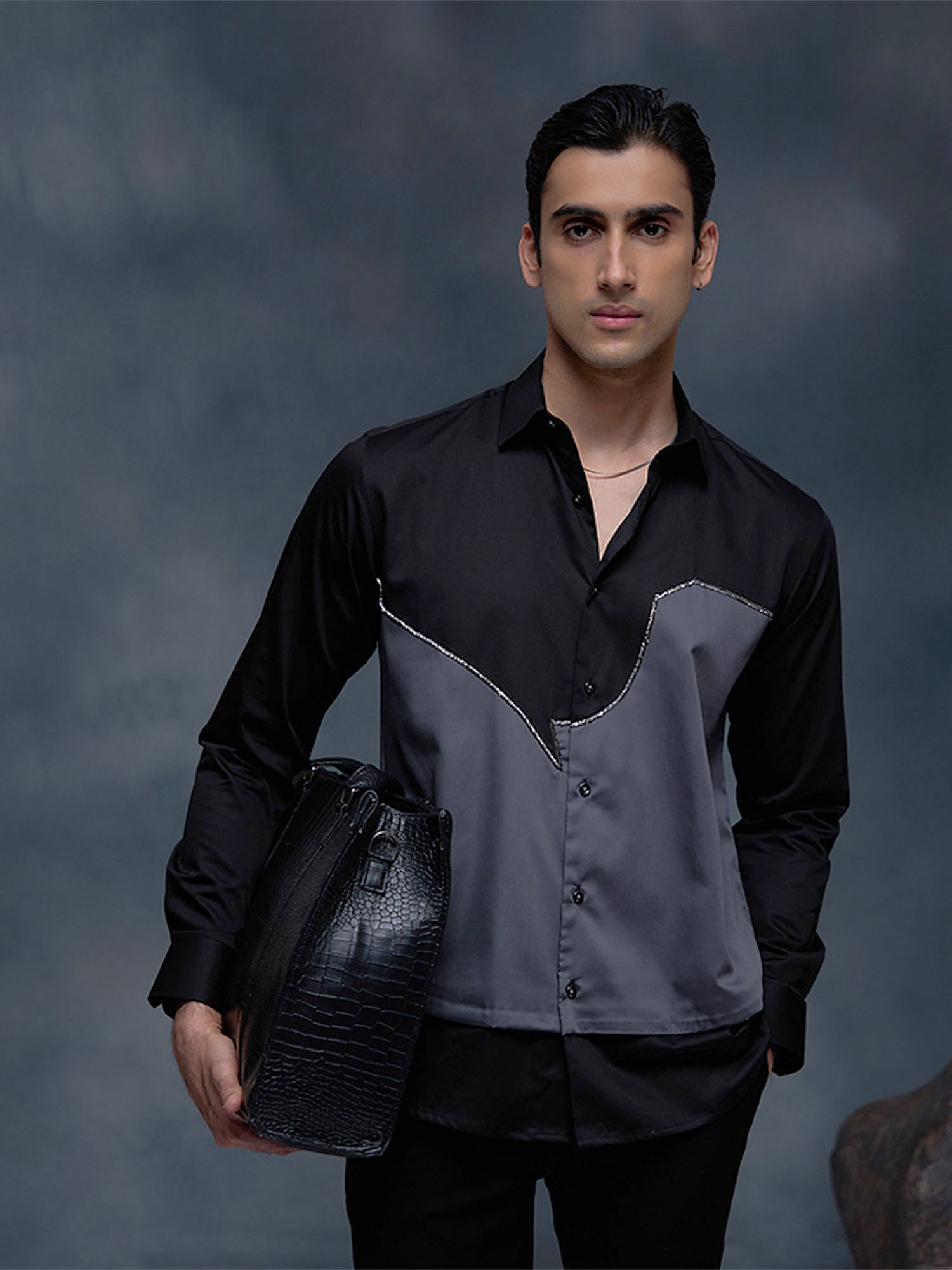 Black and Grey with Hand Embroidery Premium Cotton Slim Fit Shirt