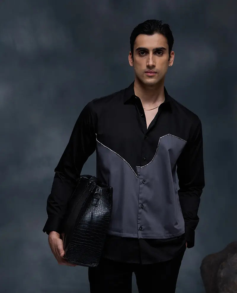 Black and Grey with Hand Embroidery Premium Cotton Slim Fit Shirt