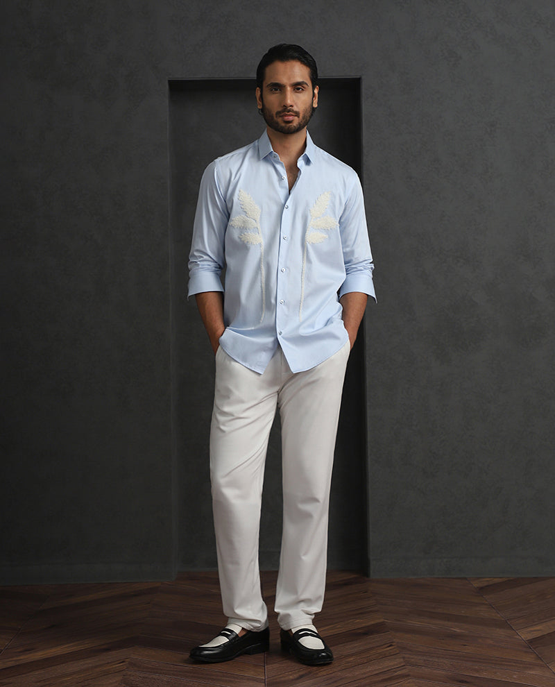 Light Blue Slim Fit Cotton Shirt with Elegant Embroidery Detailing
