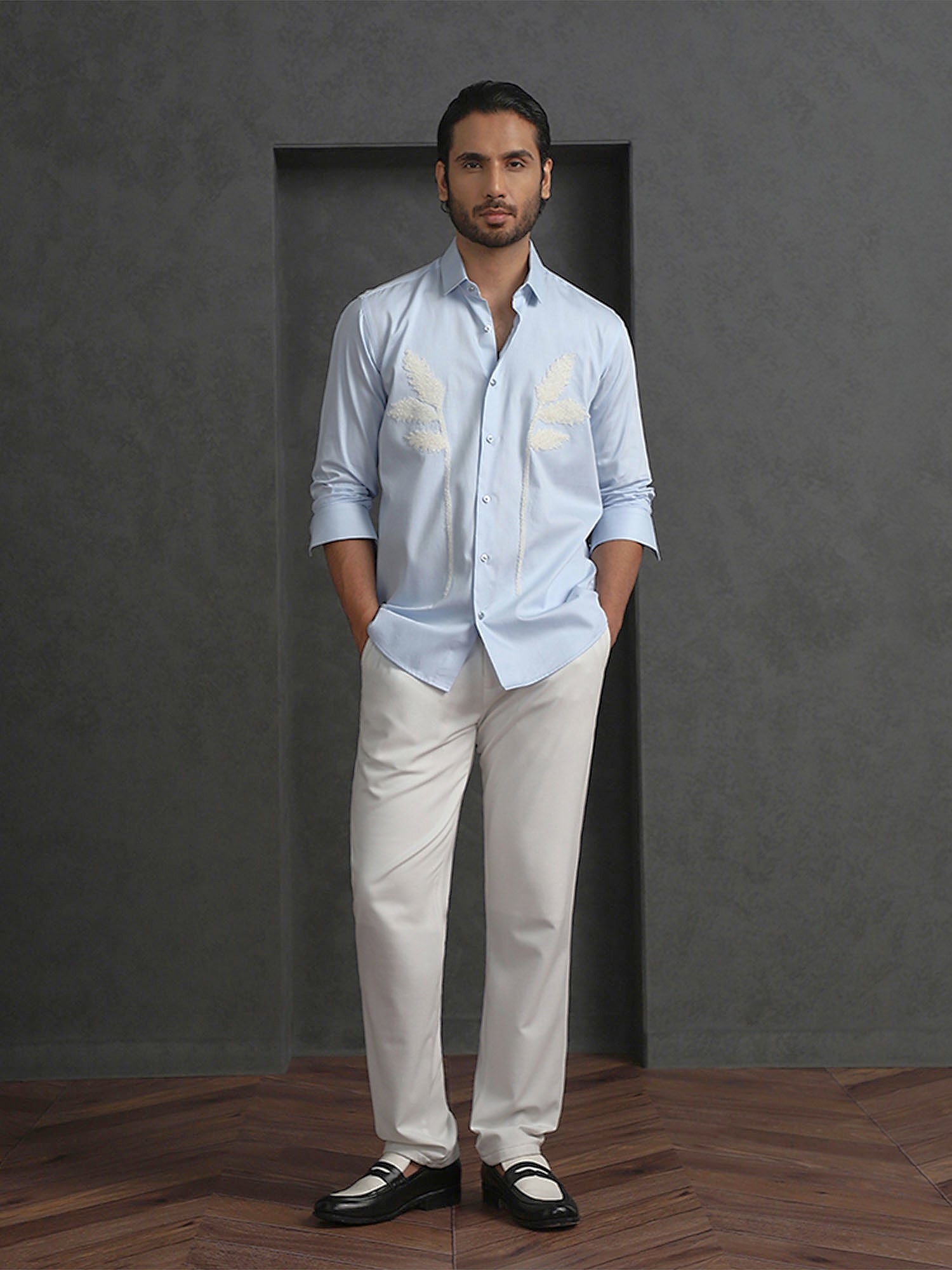 Light Blue Slim Fit Cotton Shirt with Elegant Embroidery Detailing