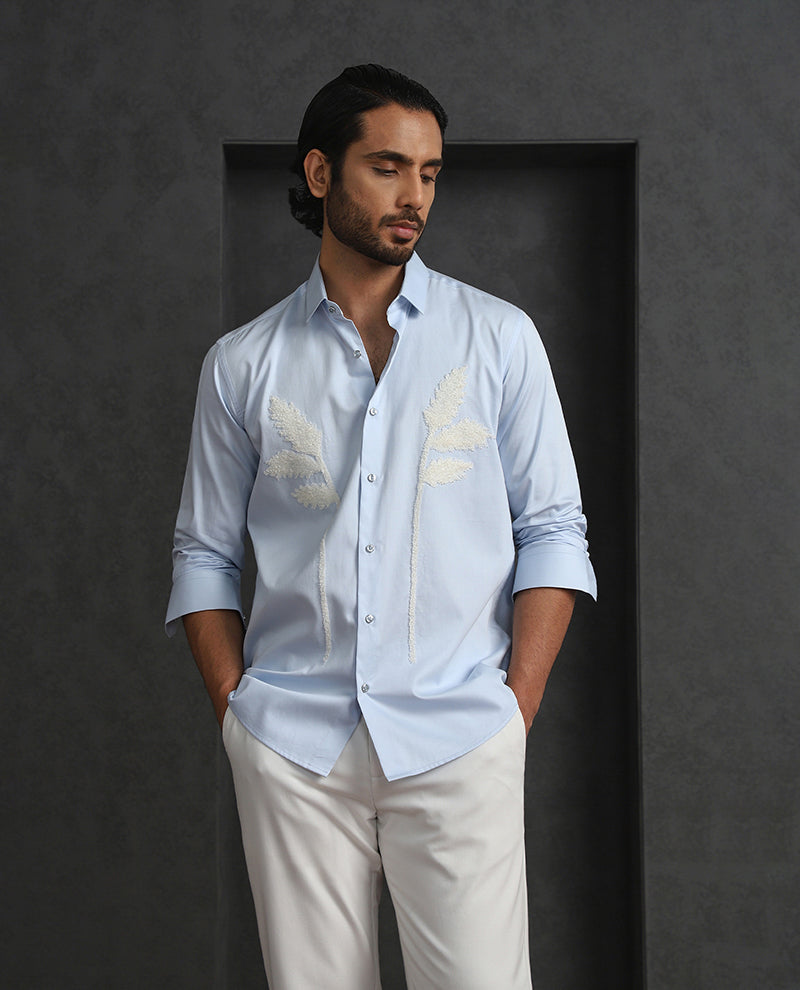 Light Blue Slim Fit Cotton Shirt with Elegant Embroidery Detailing