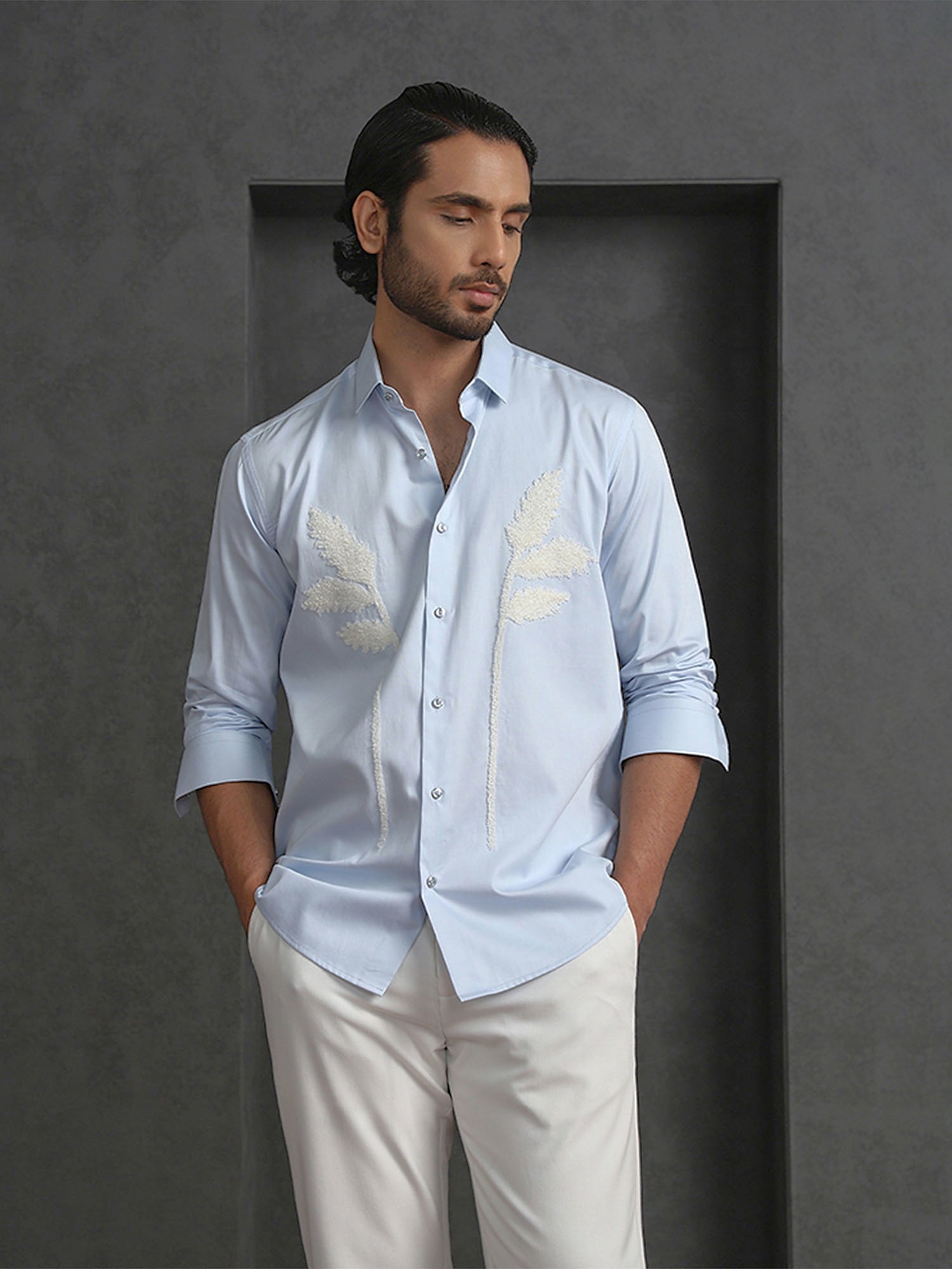 Light Blue Slim Fit Cotton Shirt with Elegant Embroidery Detailing