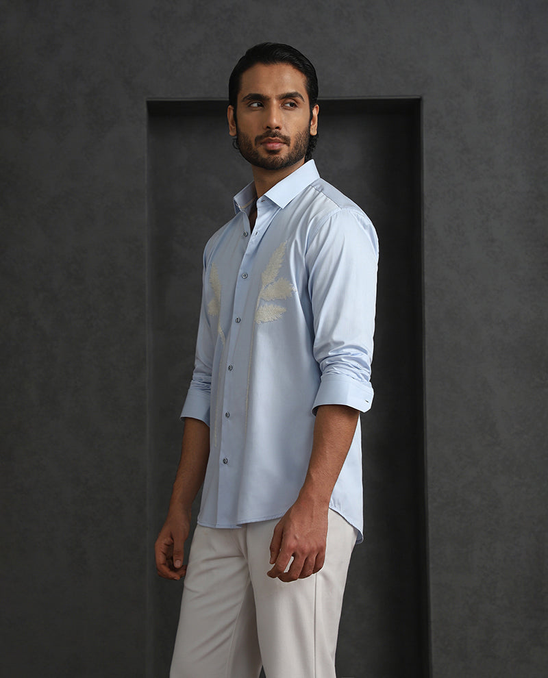 Light Blue Slim Fit Cotton Shirt with Elegant Embroidery Detailing
