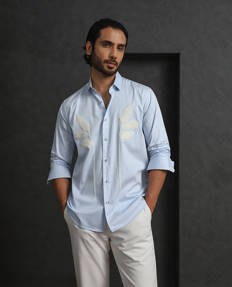 Light Blue Slim Fit Cotton Shirt with Elegant Embroidery Detailing