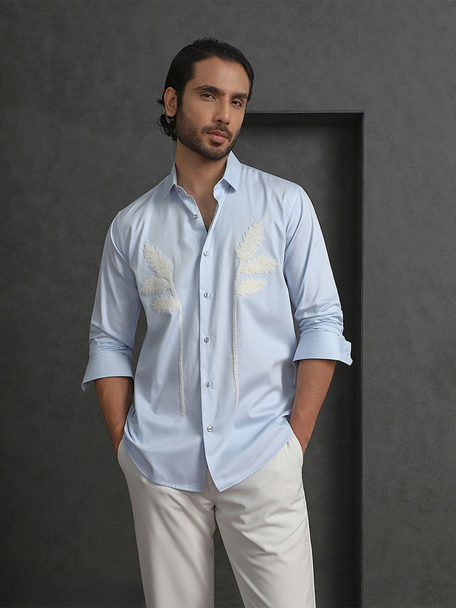 Light Blue Slim Fit Cotton Shirt with Elegant Embroidery Detailing