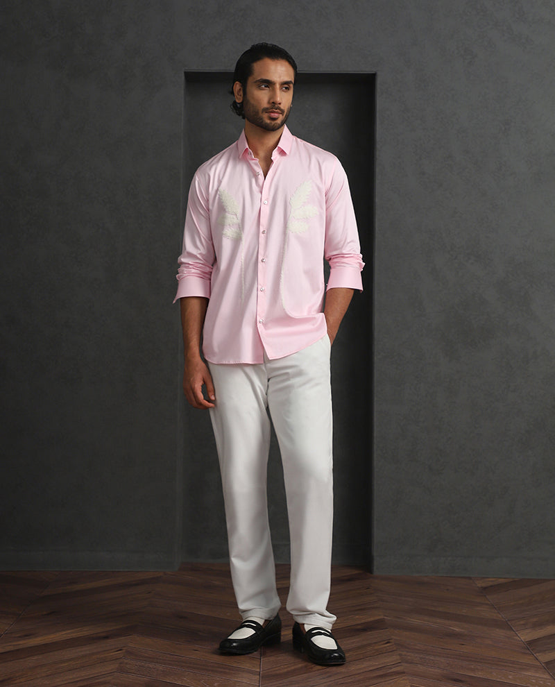 Pink Slim Fit Cotton Shirt with Delicate Embroidery Detailing