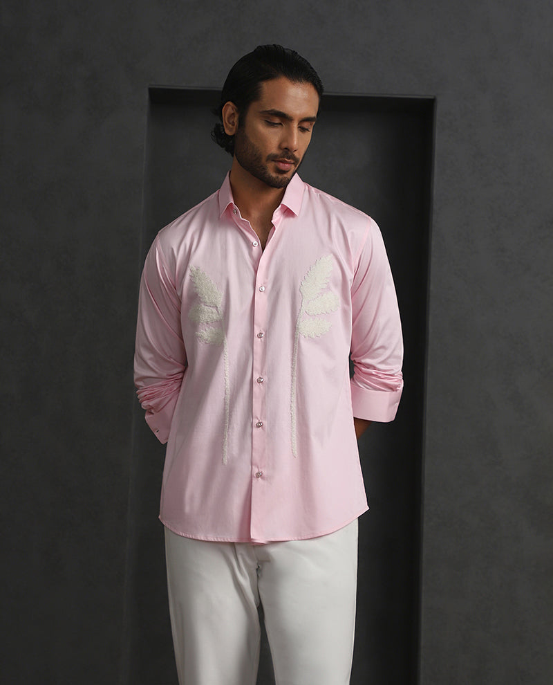 Pink Slim Fit Cotton Shirt with Delicate Embroidery Detailing