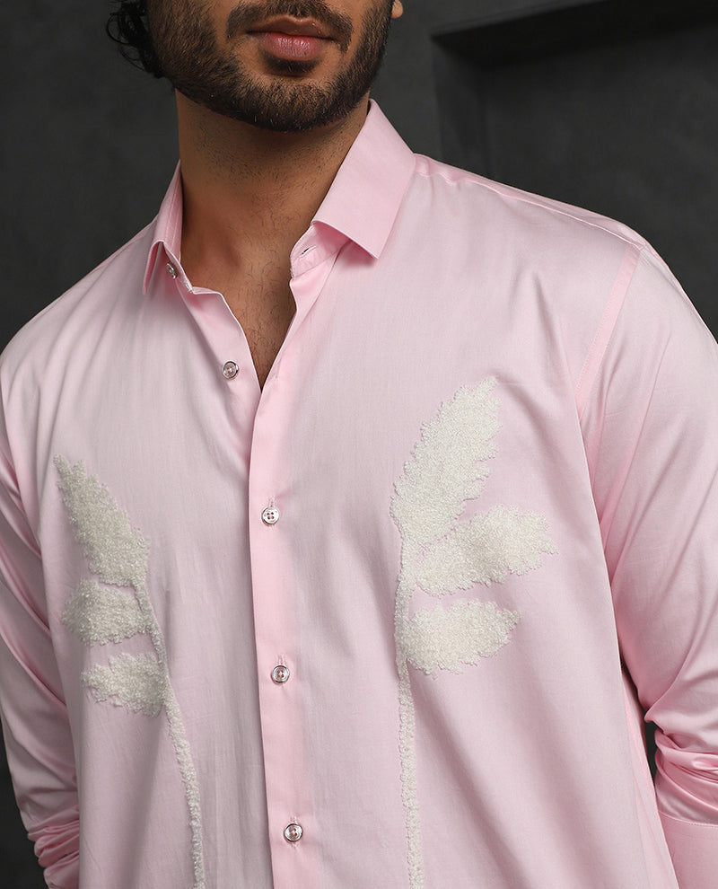 Pink Slim Fit Cotton Shirt with Delicate Embroidery Detailing