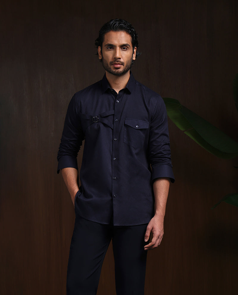 Navy Blue Slim Fit Cotton Designer Shirt with Contemporary Style