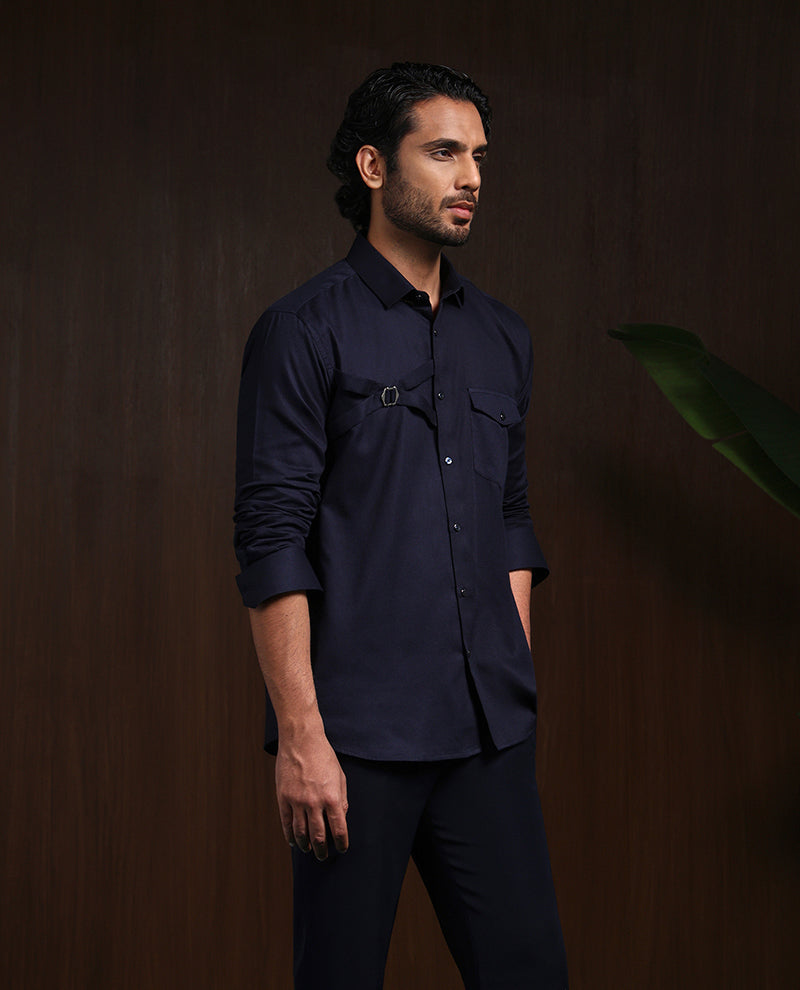Navy Blue Slim Fit Cotton Designer Shirt with Contemporary Style