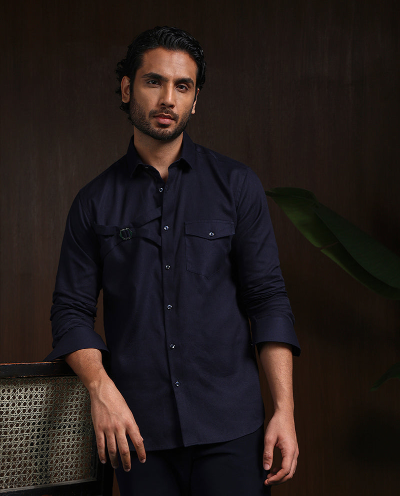 Navy Blue Slim Fit Cotton Designer Shirt with Contemporary Style