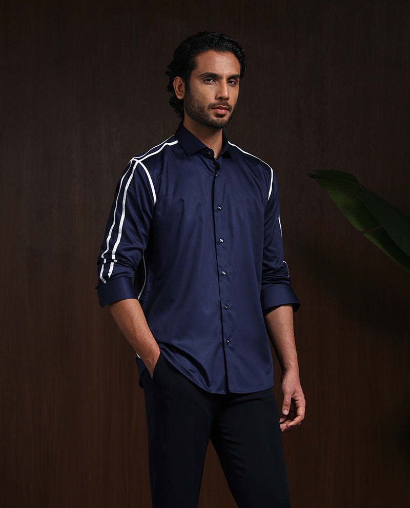 Navy Blue Slim Fit Cotton Designer Shirt with Contemporary Appeal