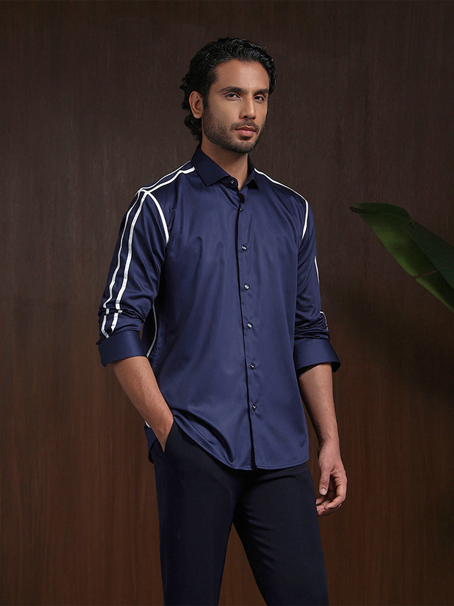 Navy Blue Slim Fit Cotton Designer Shirt with Contemporary Appeal
