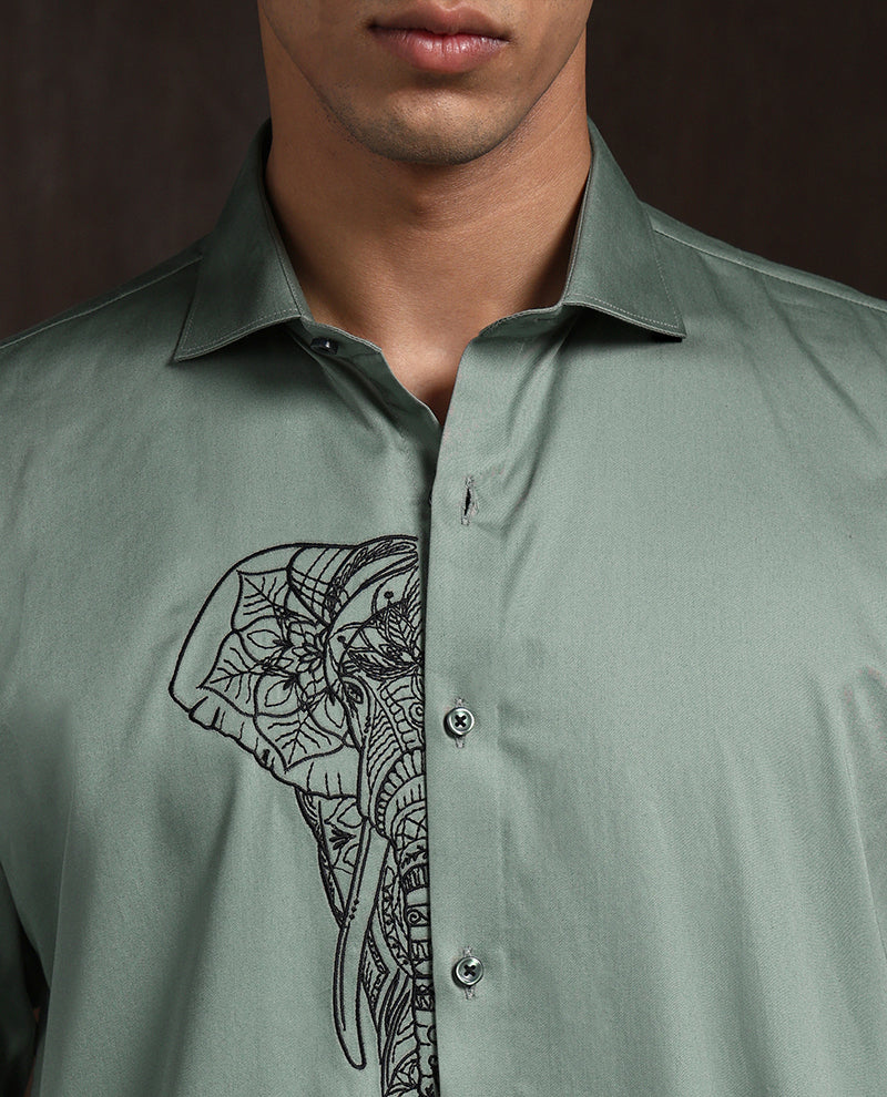 Pista Green Slim Fit Cotton Shirt with Refined Embroidery