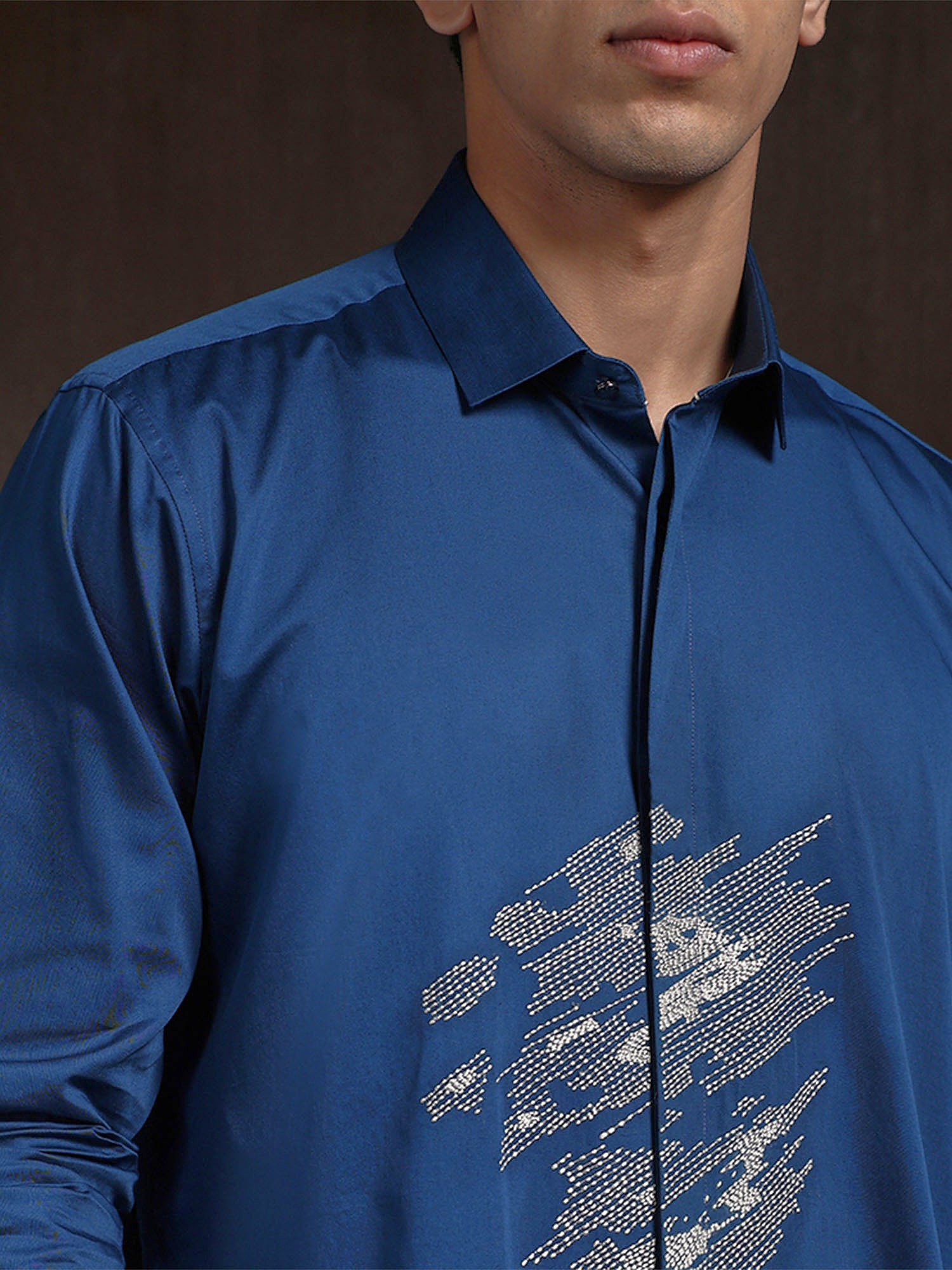 Blue Slim Fit Cotton Shirt with Refined Embroidery