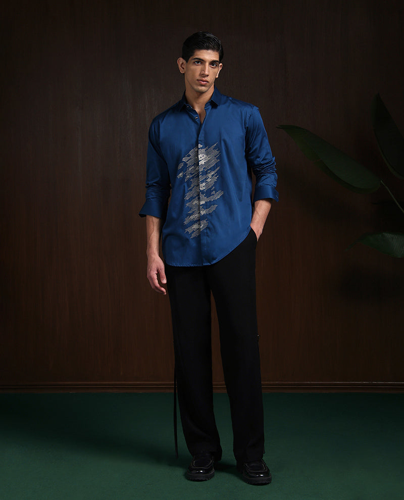 Blue Slim Fit Cotton Shirt with Refined Embroidery