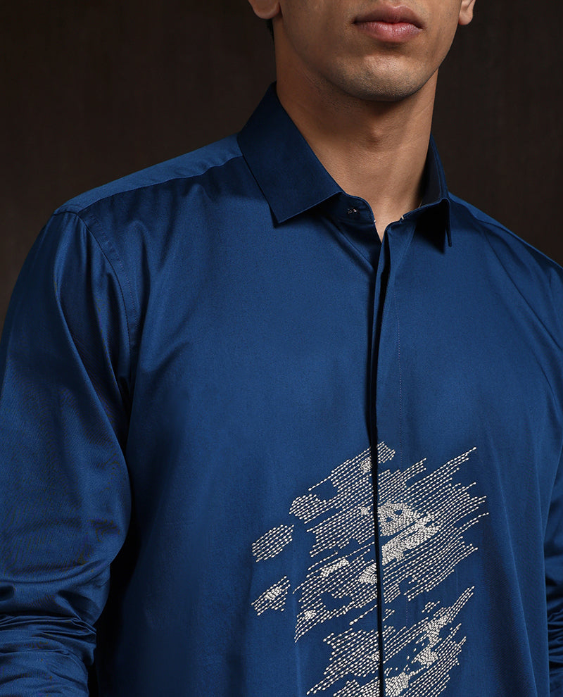 Blue Slim Fit Cotton Shirt with Refined Embroidery
