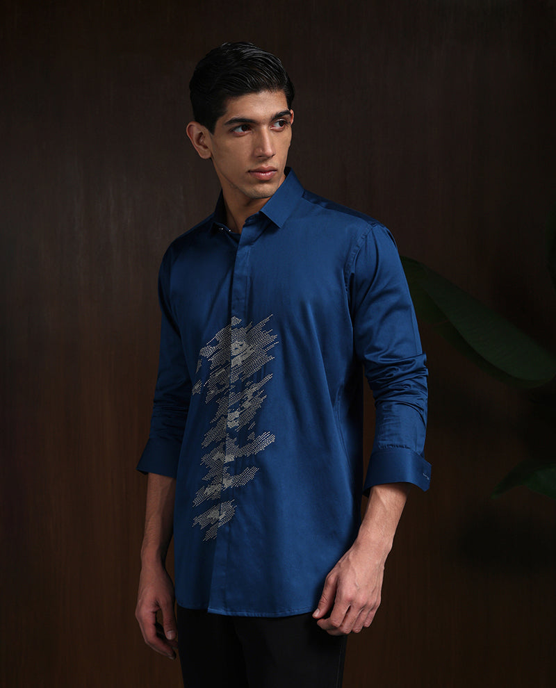 Blue Slim Fit Cotton Shirt with Refined Embroidery