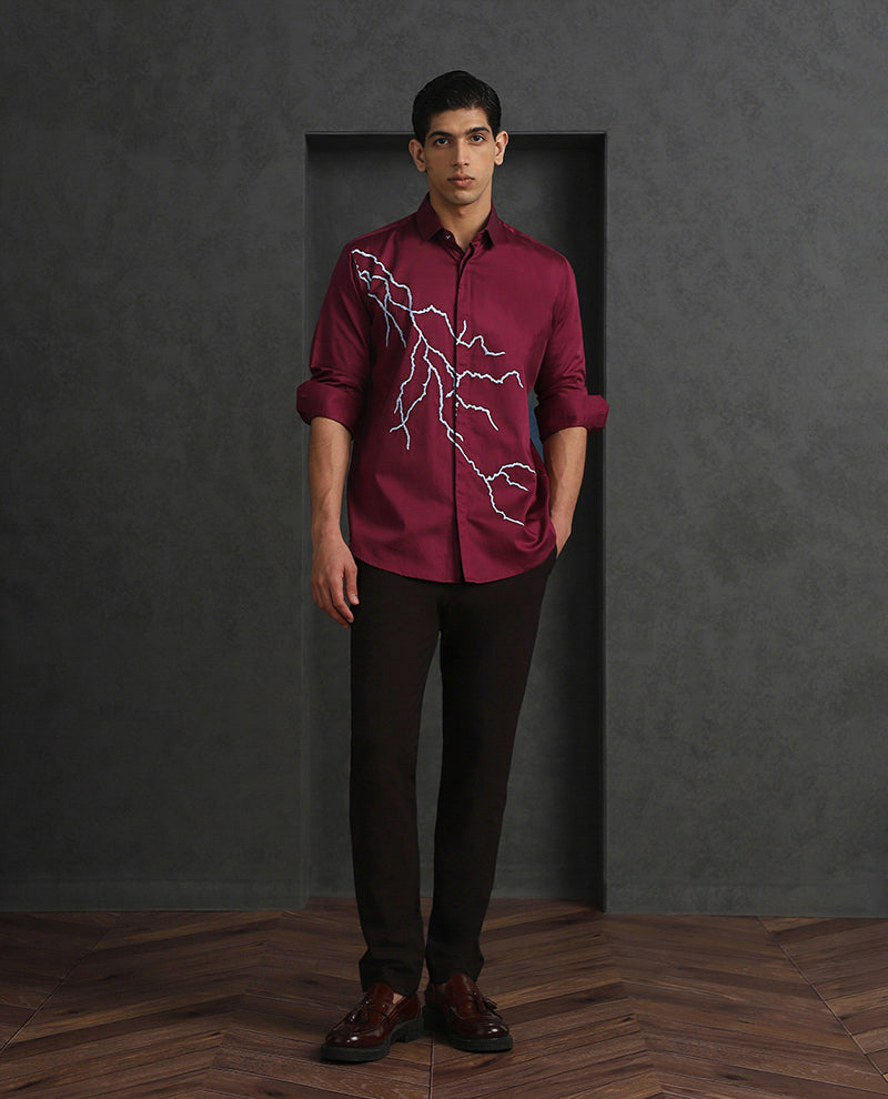 Maroon Slim Fit Cotton Shirt with Refined Embroidery