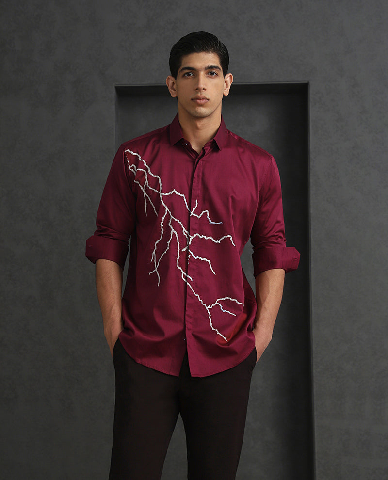 Maroon Slim Fit Cotton Shirt with Refined Embroidery