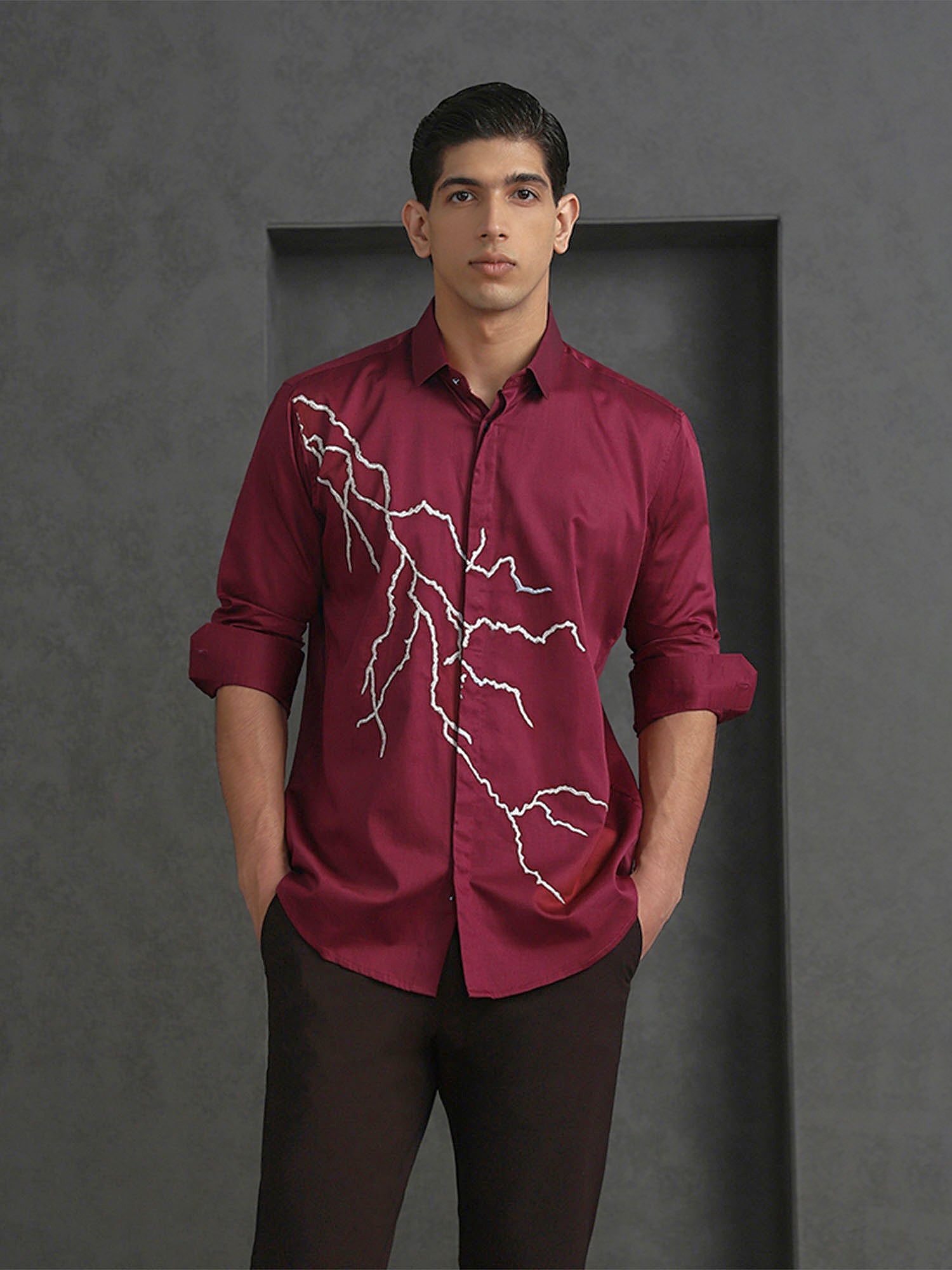 Maroon Slim Fit Cotton Shirt with Refined Embroidery Maroon Slim Fit Cotton Shirt with Refined Embroidery