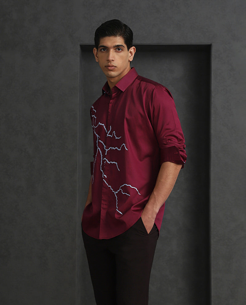 Maroon Slim Fit Cotton Shirt with Refined Embroidery