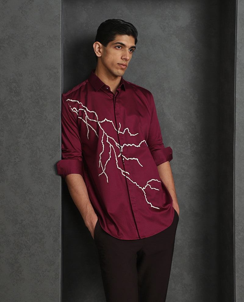 Maroon Slim Fit Cotton Shirt with Refined Embroidery