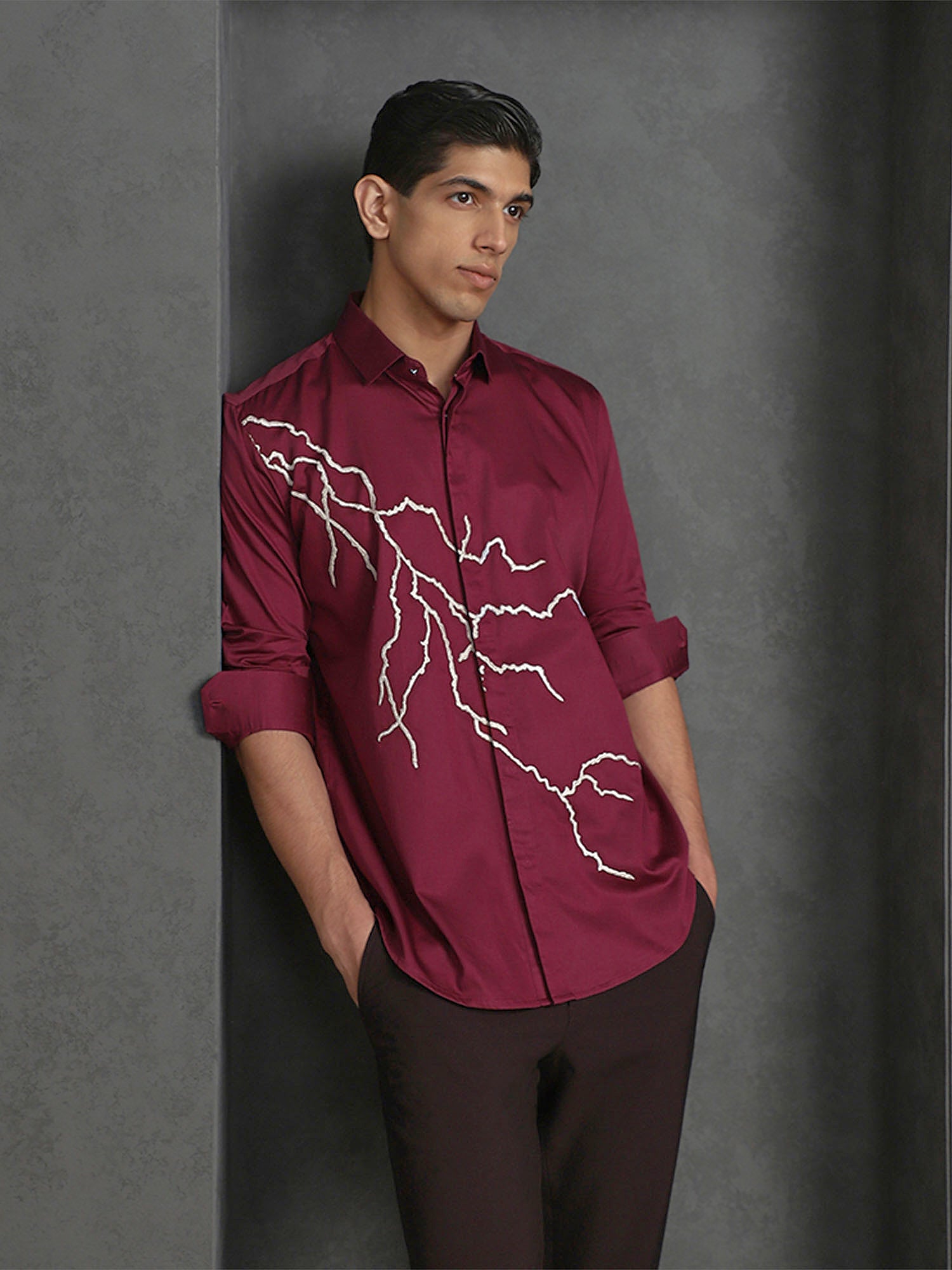 Maroon Slim Fit Cotton Shirt with Refined Embroidery