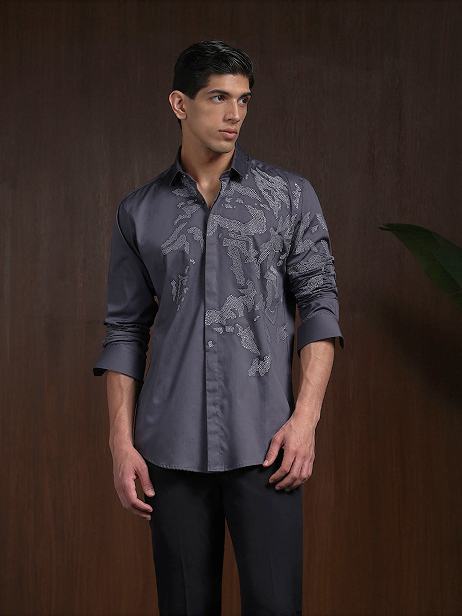 Dark Grey Slim Fit Cotton Shirt with Intricate Embroidery Accents