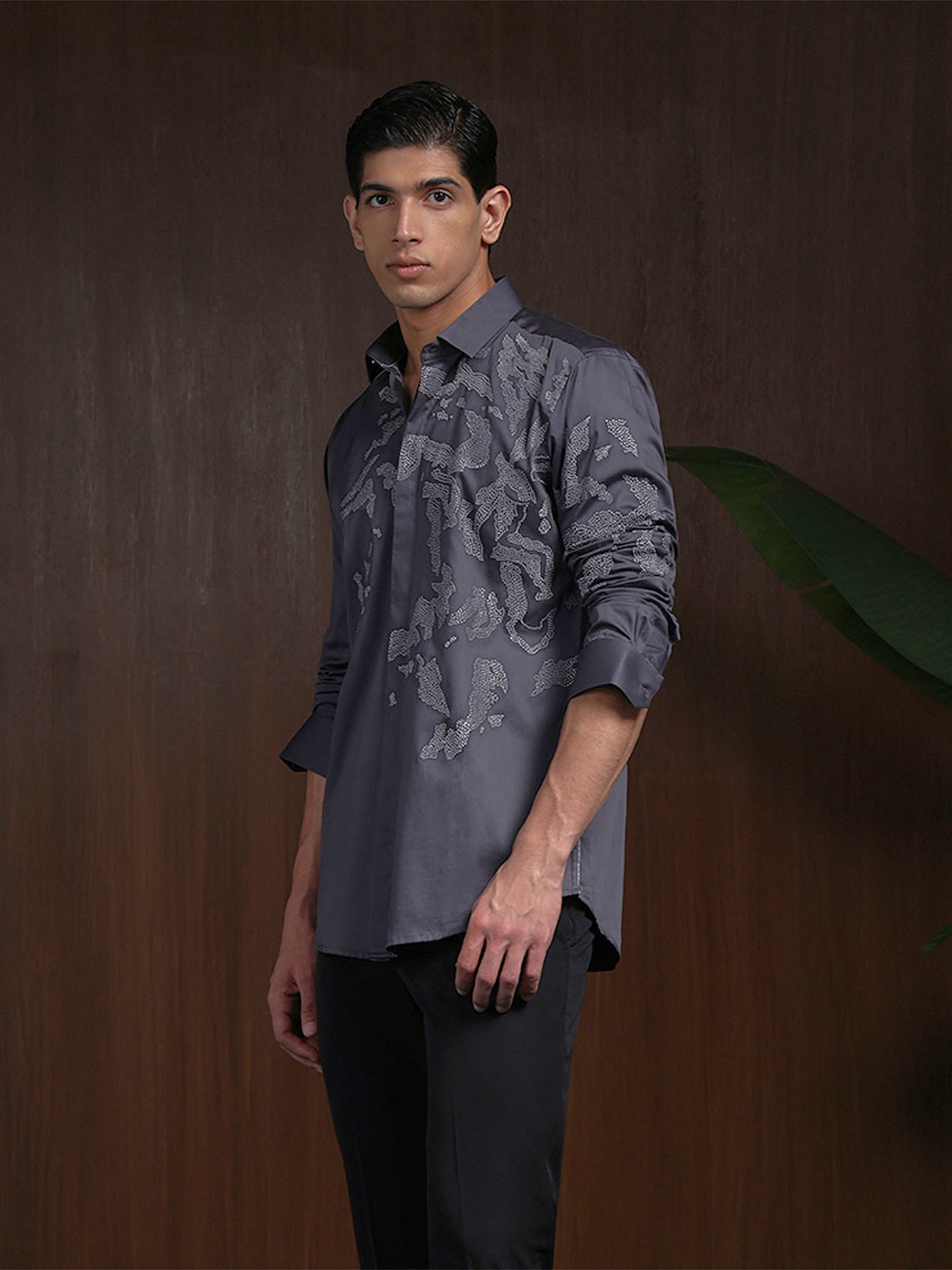 Dark Grey Slim Fit Cotton Shirt with Intricate Embroidery Accents