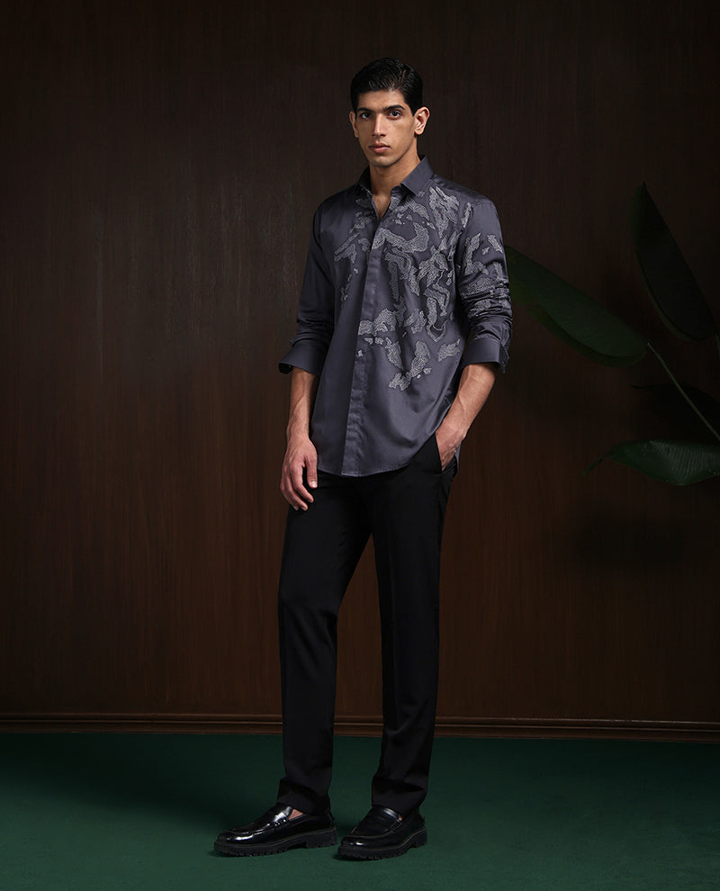 Dark Grey Slim Fit Cotton Shirt with Intricate Embroidery Accents