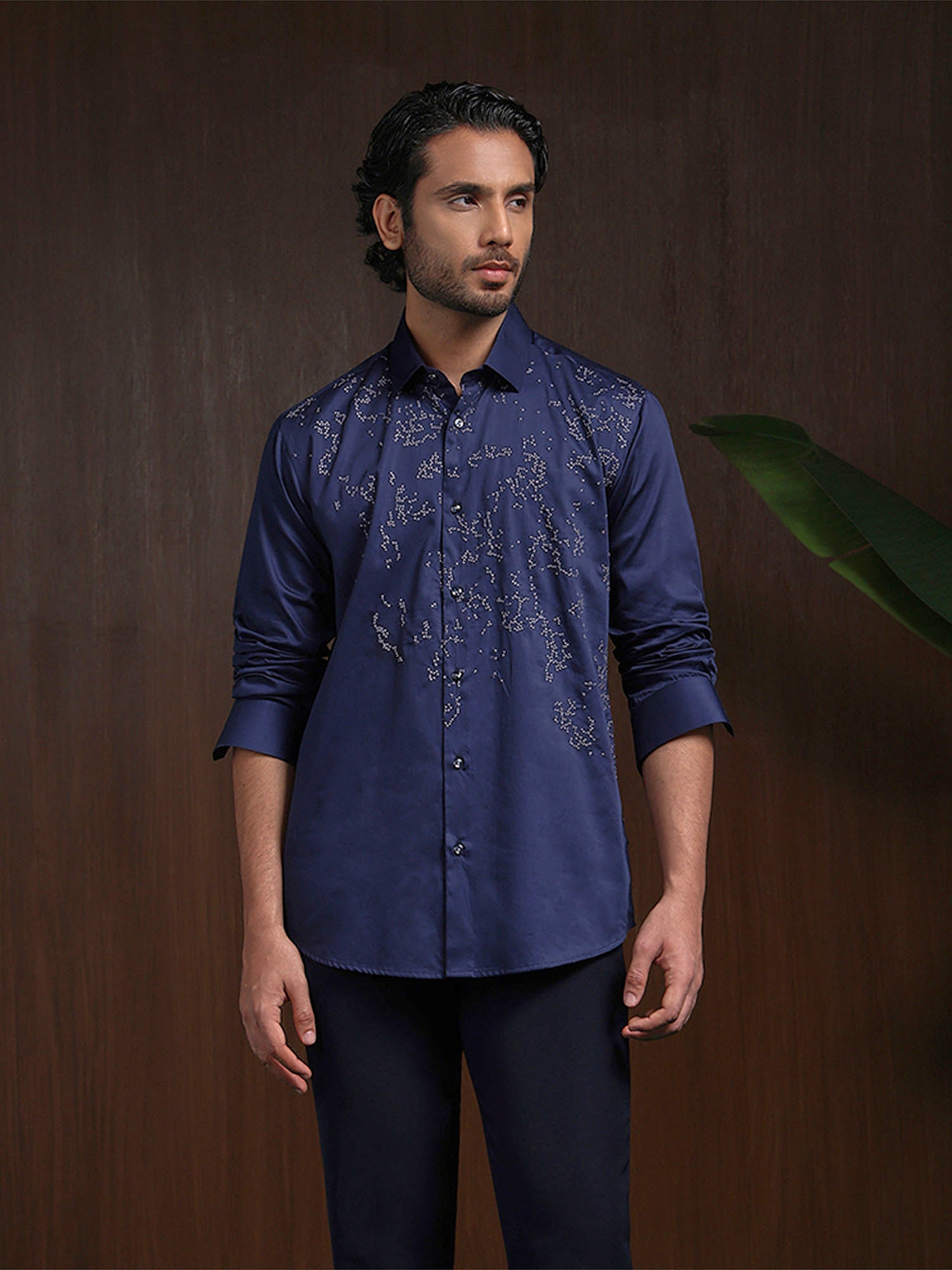 Navy Blue Slim Fit Cotton Shirt with Intricate Embroidery
